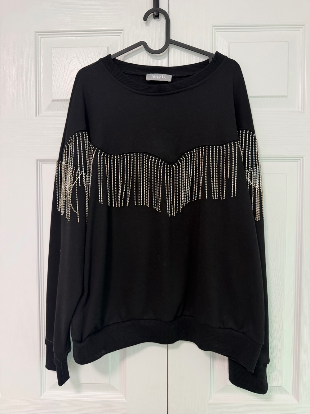 Alice + Olivia Black Western Crewneck Sweatshirt with Rhinestone Fringe